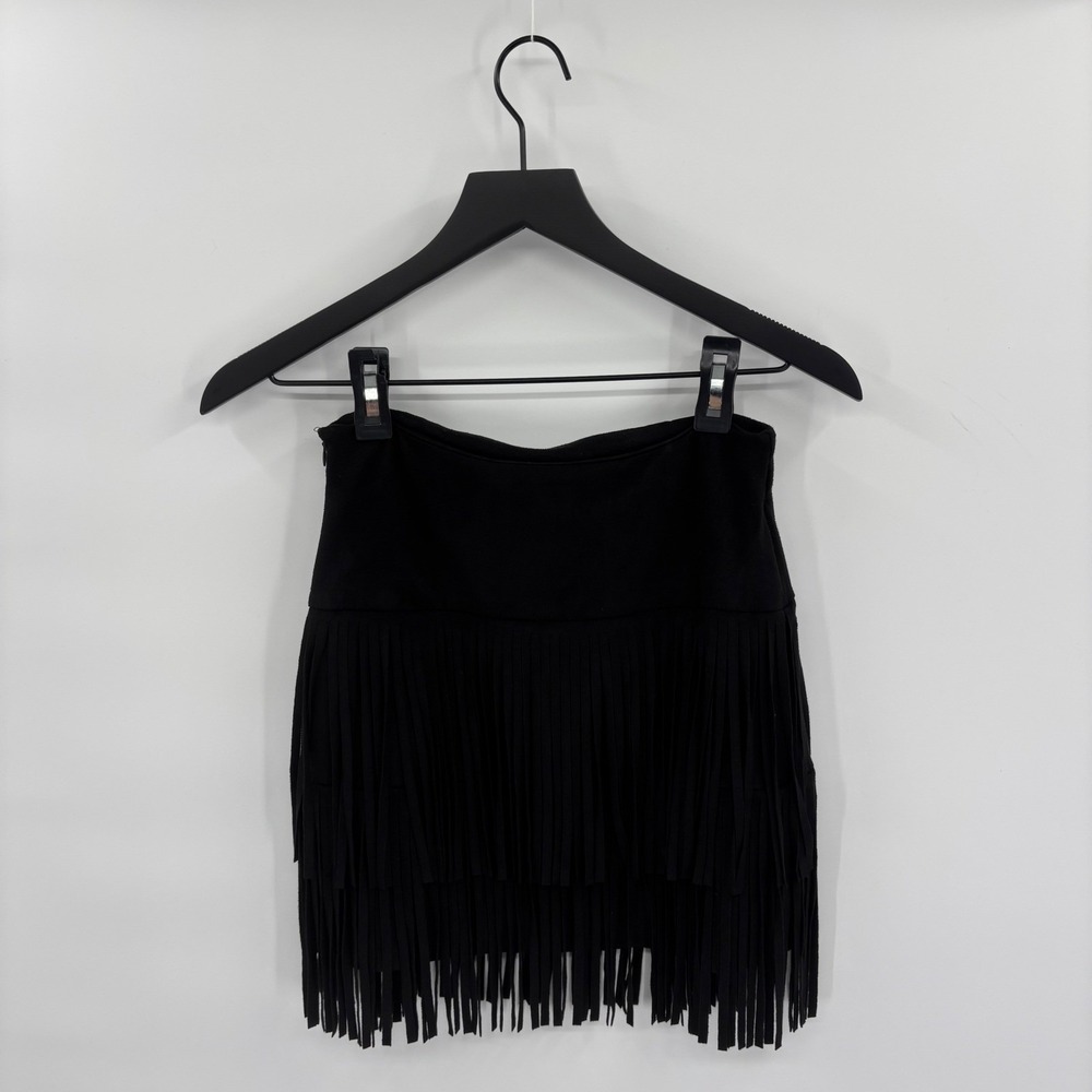 Fringe Faux Suede Mini Skirt Small Black Festival Coachella Western Gasparilla - Picture 2 of 10